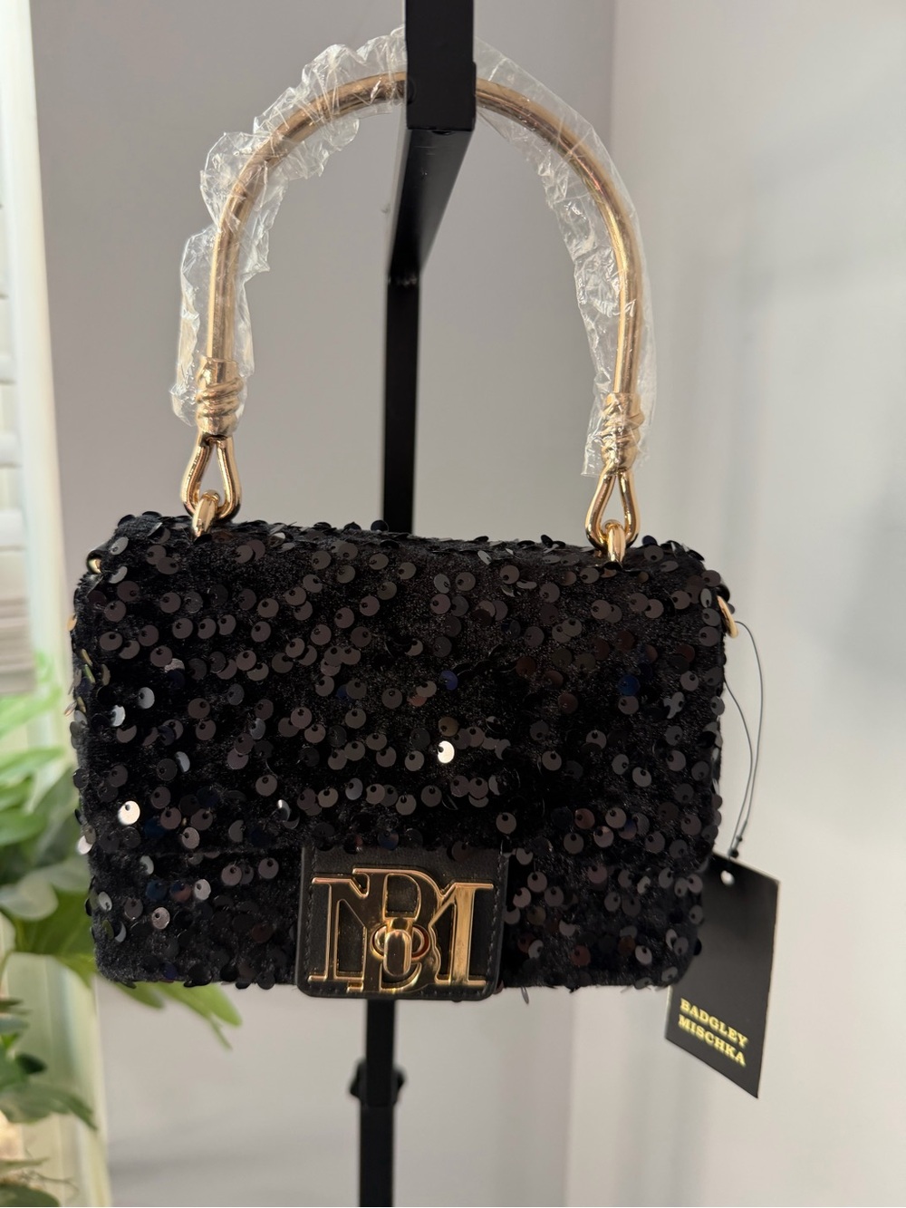 Badgley Mischka Black Sequin Mini Top-Handle Bag with Gold Hardware